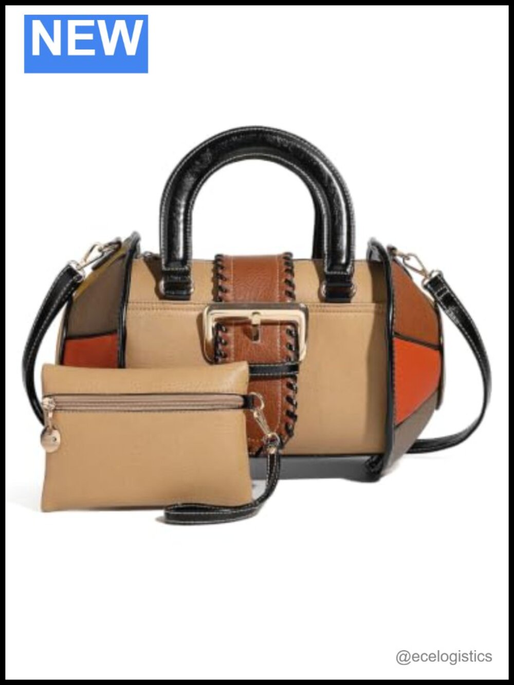 Faux Leather Color Block Satchel Handbag with Crossbody Strap